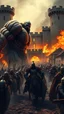 Placeholder: Huge muscles giant leading a an old army toward a big castle how is set on fire in a bloody war at scene