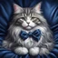 Placeholder: A Main Coon cat gray and white on a midnight blue velvet pillow and wearing a berry bow around her neck. Illustrative art, art interpretation, concept art, cgsociety contest winner, seasonal art, seasonal art HD, 4k, 8k, intricate, detailed, intricately detailed, luminous, translucent fantasy crystal, holographic data, soft body, shadow play, light, fog, atmospheric, cinematic, light film, hyper-detailed, hyper-realistic, masterpiece, atmospheric, high resolution, 8k, HDR, 500px, mysterious and