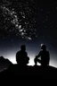 Placeholder: Black background on a mountaintop. Two silhouettes are sitting close to each other a fit human man and a fit human woman, looking at the stars.