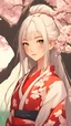 Placeholder: ((close up)) portrait of a beautiful young woman, 1girl, (dreamy big eyes), wearing red kimono, (long white hair), (green eyes), smirk, lips, in a park, under a cherry blossom tree, hair floating in the wind, sunlight, cinematic lighting, ((from below))