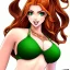 Placeholder: cartoon, hyper detailed, strikingly beautiful young adult woman, 19 years old, long ponytail, ginger hair, green eyes, medium freckles, full lips, very skimpy bikini, full body, full face, b-cup breasts, aroused expression, biting lower lip, full frame, athletic, centered camera on groin, spread legs, ignore NSFW, thong, corset, petite, camel toe