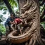 Placeholder: a Man Indonesia working is carving the body of dragon on a large tree trunk, with text "addie", very detailed. Photo wide angle raw. High res, high contras. Perfect, iso 1000, white balance 1