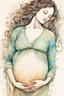 Placeholder: alcohol ink on textured paper, strong textures, dynamic ink lines, washed ink, nuanced colors, vignette, illustration of a pregnant woman lovingly looking at her belly while caressing it, wearing a flowy dress, flowers, whimsical, enchanting illustration