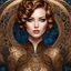 Placeholder: "full body portrait in close up of Pretty woman , blue eyes, ginger wavy short hair,, brown shiny latex dress, black beige complex background ,intricate swirls, tiny circles,, , vector fractal, wave function, Zentangle, 3d shading)"