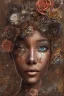 Placeholder: an abstract painting of rusted metal and flowers, heart filled with love African slave lady working, rust, scaffolding, iron cladding, decay, mixed media, textured, anatomically correct, beautiful perfect face, sharp focus, highly detailed