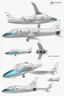 Placeholder: ideation aeroplane airmed inspired by shark with side view, quarter view and front view