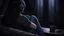 Placeholder: dark 3d anime style, close up in the foreground back to the camera a woman sitting on sofa with her knees pulled to her chest.. in comfortable t-shirt and jeans clothes.. her is normal body not too thin,,Her face is not visible at all. She long dark hair partially covering the side of her head. a headphones on her head and near a table with one mug and a mobilphone on table, heavy dark courtains covers window suggesting to shut out the outside world. She is facing the window,
