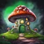 Placeholder: Outer space mushroom house on a lush green space island. Rich brown dirt and Bright Crystals comprise the base of the island. The Mushroom house has a lantern hanging above the door and a wispy green smoke rising from a gray stone chimney. Bold Bright Colors, Stark Dark background. Fantasy Style. High Quality, Painterly, Whimsical, Fun, Imaginative, Bubbly,