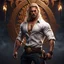 Placeholder: handsome warrior king, muscular, long blonde hair, male age 30, wearing jeans and a white button-up shirt, tan skin, tattoos, photorealistic 4k dark fantasy