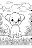 Placeholder: cute coloring page, sketch style, cute baby dog in the park, cartoon, white and black, withe background, no shadows, outline.