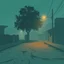 Placeholder: A schematic, nostalgic image of a dimly lit, foggy street in the outskirts with a pastel blue and brown color scheme. The street has a textured, rough surface. There is a tree in the corner. The background contains a few buildings. The overall atmosphere is eerie and foggy.