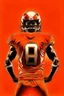 Placeholder: Silhouette of a football linebacker with a punisher skull on front of jersey instead of numbers, orange background, photorealistic