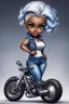 Placeholder: create an airbrush illustration of a chibi cartoon voluptuous black female wearing a blue jean outfit with biker boots. Prominent make up with hazel eyes. Extremely highly detail of a very low platinum blonde pixie haircut. Background of a bike show.