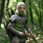 Placeholder: Please create an image for a young elven male with light brown skin, silver hair, and green eyes. He is standing outside in the forest during springtime, carrying a crossbow. There is another walking suit of armor in the background