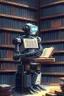 Placeholder: The library is serviced by computers, and there are many books on the shelves. The robot sits at the table and searches for books in the catalog in the computer Expression. High-quality drawing, 8K