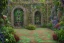 Placeholder: open iron gates made of colorful stained glass, covered in vines, trees, very large entry leading to a lush garden, see lot details in the garden, photo realistic 4k, nature, beautiful hand laid checkered pattern stone walkway path, trending on artstation, sharp focus, studio photo, intricate details, highly detailed, by greg rutkowski