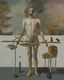 Placeholder: human body, universe-like table,complex surgical instruments mixed with human body-like musical instruments,minimalism,Painting By Adrian Ghenie, Rene Magritte, Salvador Dali, Lucian Freud