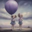 Placeholder: Surreal painting of 2 little girls, jeans and tutu, big eyes, the sky in the background, à purple balloon