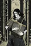Placeholder: goth male necromancer with black hair playing a accordion in the style of Aubrey Beardsley