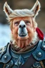 Placeholder: Trump as lama thief in full armor. Close up portrait. Afraid to fail, afraid to dive within. But still smiling.