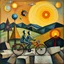 Placeholder: create a surreal cubist-fantasy painting blending Dalí, Van Gogh, Miró, Chagall, and Picasso, with three non-human geometric figures riding a bicycle, abstract landscape of triangular trees and floating circles, segmented sun glowing in the sky, textures combining surreal dreamlike colors, swirling brushstrokes, ornamental details, and cubist geometry --ar 16:9 --v 7 --style 4b --q 2