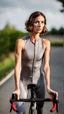 Placeholder: photography of a beautiful anorexic woman, grey satin triathlon top, brunette wavy bob haircut, flat chest, grey satin cycling leggins