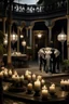 Placeholder: interior patio of a large house illuminated at night with candles and candelabras and in the middle of the patio an elephant, cinematogrphic image