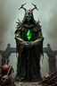 Placeholder: Высокая отвратительная фигура чумного доктора, украшенная рваными, покрытыми говном церемониальными одеждами с зелёными рунами. Его глаза светятся злобной зелёной силой. Лицо закрывает маска чумного доктора. В руках он держит посох с зелёным ромбовидным кристаллом. За ним находится отвратительный, вонючий алтарь — полный гниющих приношений и фекалий.