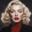 Placeholder: marilyn monroe, a blonde woman with short, wavy hair, is the focal point of the image. she's dressed in a dark brown turtleneck sweater, paired with a black hat and a black suit jacket. her lips are a vibrant red, and her eyes are a deep brown. her hair, a light shade of blonde, is styled in loose waves, adding a touch of whimsy to her appearance. in the background, a man with a black hat and a white shirt is visible..,bokeh like f/0.8, tilt-shift lens 8k, high de