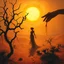 Placeholder: A dramatic surreal painting of a dusty desert mesa at twilight. A mysterious feminine figure emerges from the shadow of twisted creosote branches, her form entwined with thorny vines climbing slowly toward a blazing, boiling sun. Her skin is ethereal and dangerous; as a hand reaches to touch her, blood drips from the fingers. The atmosphere is haunting, poetic, and mythological. Use a painterly, cinematic style, with golden oranges, deep reds, dusty browns, and shimmering highlights. --v 7 --sty