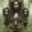 Placeholder: 4K. Ultra real photo.three black women. Three Dark skin black women .three women. A mother. Two daughter. Twins. A mother with her children. three young black women. wood nymphs emerging from the forest. Her hair looks like vines. Dreadlocs. Her skin is the colour of dark soil. Her skin looks like tree bark. Her clothing is made of vines, grass and leaves.