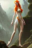 Placeholder: painting of a tall elven young woman with short light orange hair and freckles on the cheak bones and tall body of a topmodel light clothes, long shot, ultra realistic, concept art, intricate details, eerie, highly detailed, photorealistic, octane render, 8 k, unreal engine. art by artgerm and greg rutkowski and charlie bowater and magali villeneuve and alphonse mucha