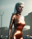 Placeholder: retro sci-fi portrait image from 1980, supermarket parking explosions, fire, scared people, blonde woman walking, sweet Kate moss face, tight latex suit, soft color, highly detailed, unreal engine 5, ray tracing, RTX, lumen lighting, ultra detail, volumetric lighting, 3d, finely drawn, high definition, high resolution.