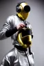 Placeholder: Metallic Cyber-punk style man with a camera-mask and old AKG-style headphones with golden. Large fencing mask covers man's cheeks. Man in good body shape. Reflective plastic body surface, golden skin, full-coverage. Body and Head full of integrated old-fashioned cameras and an old telephone. Silver to grey latex surfaces body. Perfect body. Equations, Euclidean 3D-tiling, Escher tiling. 1996. Cables in head. Daft Punk. Matrix leather jacket with a Hood.