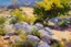 Placeholder: Sunny day, trees, flowers, rocks, arid land, vegetations, distant rocky mountains, sci-fi, willem maris, and konstantin korovin paintings
