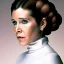 Placeholder: half-length color photo shoot, three-quarter face pose of carrie fisher as Princess Leia with realistic fine and very simple short hair, entrancing deep brown eyes, Intricate, High Detail, Sharp focus, realism, beautiful and detailed lighting, Nikon D850, ef 85mm 5.6 by Annie Leibovitz