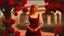 Placeholder: in front back to the camera a dark blonde young woman in old hungarian pale villager clochts stands in front of the nice red rose bush, und dark red running roses around, detalied, sharp focus, high realistic