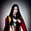 Placeholder: Ultra realistic, beautiful woman, long hair, 6-pack abs, black robe, evil, long nails, dark red and gold leather armour, magic, hung