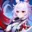 Placeholder: Genshin woman, Clear Focus High resolution, Calm Background, Light skinned woman, Light Purple long beatiful hair, Red sparkling eyes, Very Beatiful Face, Splash art