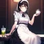 Placeholder: anime girl, holding a large tea cup that is overflowing, sitting in a diner, waitress is filling her cup