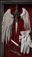 Placeholder: White clipped wings on a red fabric, next to scissors and black leather gloves. Cinematic image