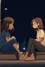 Placeholder: 2D animasyon gece oturmuş birbirleri ile sohbet eden 2 kız kısa saçlı ve daha güzel kıyafetler