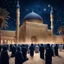 Placeholder: Hyper Realistic Photographic-View of people praying outside Masjid E Nabwi At Beautiful Night with dark-blue-&-black-sky-with-stars showing dramatic & cinematic ambiance