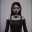 Placeholder: Female Jenna ortega black dress,soft goth libstick, wednesday addams family make up, brad double wig, dramatic lighting, highly detailed, volumetric lighting, unreal engine, 8k