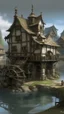 Placeholder: A gray steampunk town with a watermill designed in German folk art painted by Edouard Manet