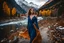 Placeholder: beautiful German lady with makeup midi pleated blue dress gracefully coming toward camera in a valley beautiful mountains with snow ,river in down valley .camera capture from her full body front,fall environment ,fallen leaves,very sharp focus.