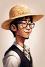 Placeholder: profile cartoon image from photo, with glasses, bold, wearing a straw hat and a black vest, asian, male