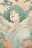 Placeholder: wind blowing from below, portrait of beautiful crying woman with short green hair, tears flowing up, loose lines, flowers, smoke, pastel orange and pastel blue, sense of liberation, concept art, art by james jean, takato yamamoto, 4k, concept art, illustrative