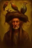 Placeholder: a painting of an old man with a bird on his head, a character portrait by Wendy Froud, cgsociety, fantasy art, storybook illustration, grotesque, detailed painting