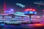 Placeholder: eine tankstelle mitten im wasser umgeben von schiffen, digital part,centered, detailed, 8k, shining, heaven, dampf, cyberpunk art, neon lights, neon signs, night, stars, stadion lichter